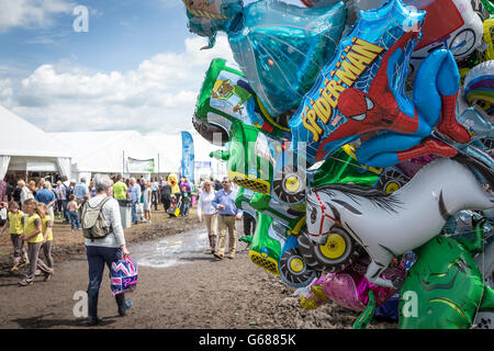 La gente a piedi lungo una passerella bagnata dietro un mazzetto di carattere palloncini a Cheshire Show 2016 Foto Stock