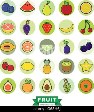 Raccolta di riempimento linea icone di frutta in cerchi verdi su sfondo bianco Illustrazione Vettoriale