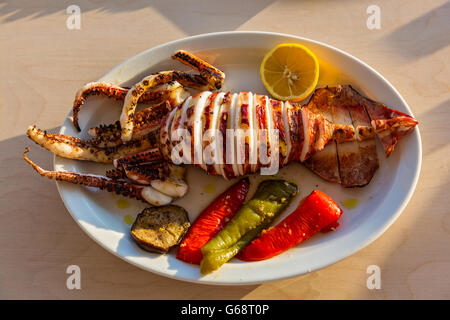 Calamari Fritti con Verdure su un piatto da portata Foto Stock
