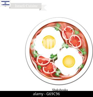 Cucina israeliana, Shakshouka tradizionali o le uova in camicia con salsa di pomodoro, peperoncino e cipolla. Uno dei più popolari Dis Illustrazione Vettoriale