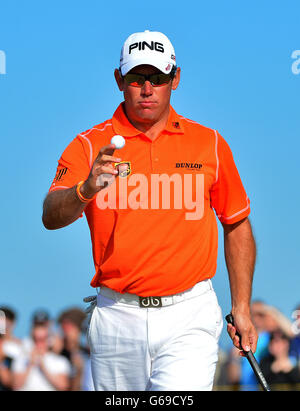 Lee Westwood in Inghilterra durante il terzo giorno dell'Open Championship 2013 al Muirfield Golf Club, East Lothian. Foto Stock