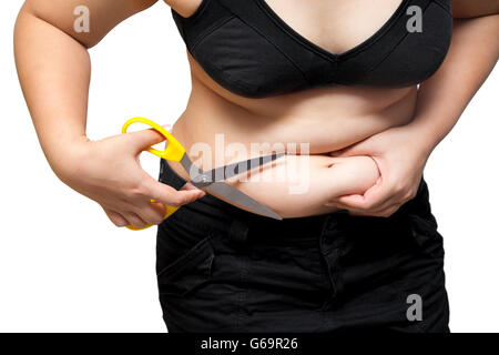 Grasso donna taglia l'obesità pancia e cellulite mediante forbici perdita di peso concept Foto Stock