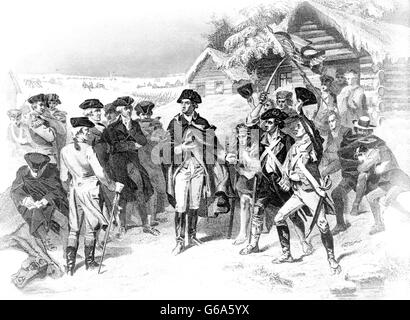 1770s incisione di George Washington parlando di fronte truppe a Valley Forge inverno del 1777 a 1778 Foto Stock