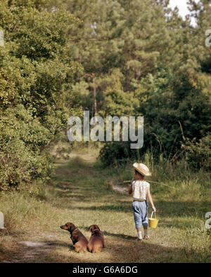 Anni Cinquanta anni sessanta giovane ragazza camminare lungo una strada di campagna che porta canna da pesca ed esca secchio lungo con due cani bassotto Foto Stock