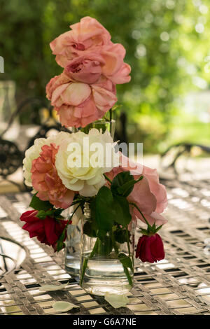 Rose selvatiche cada in un vaso su un esterno tavolo in metallo. Foto Stock