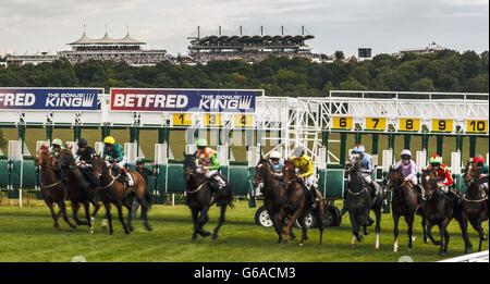 Il campo scoppia dalle bancarelle per l'inizio del Betfred Mobile Lotto Stakes durante il quarto giorno del glorioso Goodwood presso l'ippodromo di Goodwood, Chichester. Foto Stock