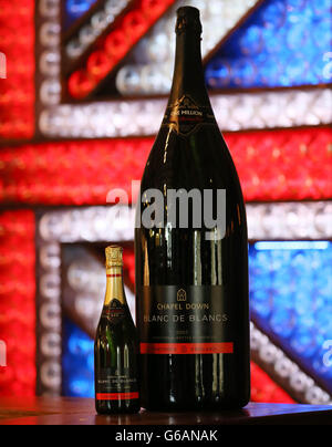 La più grande bottiglia di spumante inglese mai prodotta dalla Chapel Down Winery di Kent, si affianca alla sua normale bottiglia equivalente. Foto Stock