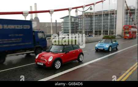 Mini Cooper 'S' automobili con giardini appositamente progettati sui loro tetti - creato da Luna Stein fioristi a Fulham, Londra - guidare su Chelsea Bridge per coincidere con l'apertura del Chelsea Flower Show 2003. * i proprietari dei nuovi Mini potranno ora creare i propri design unici per adornare i tetti della loro auto. Foto Stock