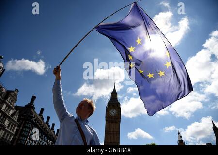 Protester sventola una bandiera dell'Unione europea fuori le case del Parlamento, Westminster il giorno dell'UE risultato del referendum Foto Stock