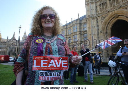 Westminster, Londra, Regno Unito. Il 24 giugno 2016. Westminster, Londra, Regno Unito. Il 24 giugno 2016.Un felice di lasciare i diruttori celebra Brexit. Credito: reallifephotos/Alamy Live News Foto Stock