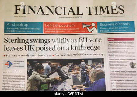 Londra, Regno Unito 24 Giugno 2016 - Financial Times. Quotidiano britannico anteriore di copertura delle pagine il giorno dopo il referendum UE voto. Credito: Dinendra Haria/Alamy Live News Foto Stock