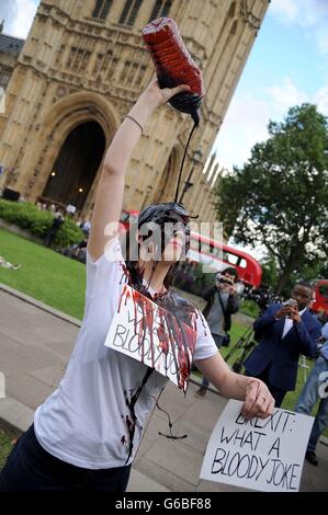 Brexit protester versa sangue finto su se stessa il giorno dell'UE risultato del referendum, London, Regno Unito Foto Stock