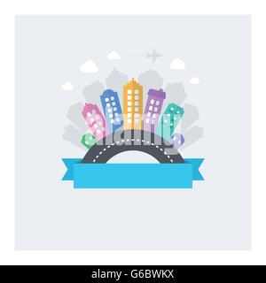 Il design del vettore del paesaggio urbano moderno con area di testo. Illustrazione con piatti moderni icone: road, edifici, sky. Illustrazione Vettoriale