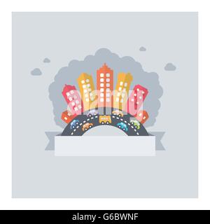 Città urbana dell'inquinamento. Il design del vettore del paesaggio urbano moderno inquinato con textarea e strade affollate. Illustrazione Vettoriale