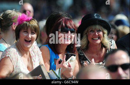 I Racegoers si divertono nell'azione il giorno delle Signore durante il secondo giorno dello Yorkshire Ebor Festival del 2013 all'Ippodromo di York, York. Foto Stock