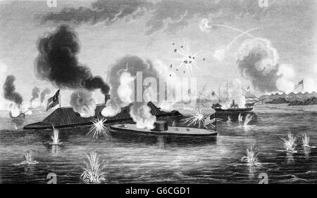 1860 9 marzo 1863 NAVAL COMBATTERE LA BATTAGLIA TRA IL MONITOR E MERRIMACK di ferro rivestito di navi Hampton Roads VA USA Foto Stock