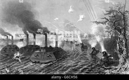 1860s'assedio e il bombardamento isola numero 10 di pistola e mortaio imbarcazioni al Kentucky ansa del fiume Mississippi febbraio a aprile 1862 Foto Stock