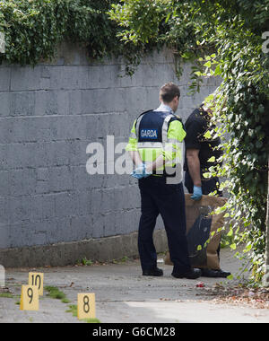 Un Garda si trova nel vicolo con un membro del Garda Forensic team tra Glasnevin Ave e il Glasnevin Park di North Dublin, dove un uomo nella sua metà degli anni '60 è stato fucilato. Data immagine: Lunedì 26 agosto, 2013. Vedi PA storia POLIZIA Shooting Irlanda. Il credito fotografico dovrebbe essere: Liam McBurney/PA Wire Foto Stock