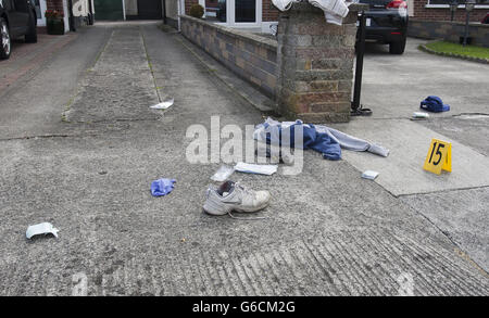 La scena a Hillcrest Park nella zona di Glasnevin nel nord di Dublino dove un uomo nella sua metà degli anni 30 è stato assistito da paramedici dopo essere stato sparato. Data immagine: Lunedì 26 agosto, 2013. Vedi PA storia POLIZIA Shooting Irlanda. Il credito fotografico dovrebbe essere: Liam McBurney/PA Wire Foto Stock