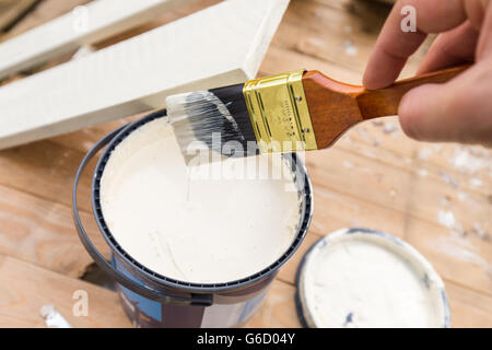 La pittura di contenimento spazzola sopra il vaso con la vernice bianca. La Verniciatura pannelli in legno al di fuori con la vernice bianca Foto Stock