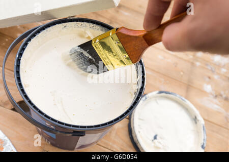 La Verniciatura pannelli in legno esterno con vernice bianca o colorata di bianco emulsione usando 2 pollici la verniciatura a pennello. Fai da te al di fuori del progetto Foto Stock