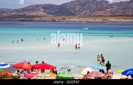 Persone e ombrelloni sulla spiaggia di Stintino Sardegna Italia Foto Stock