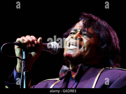 La leggenda dell'anima James Brown si esibisce dal vivo sul palco alla Royal Albert Hall di Londra. Foto Stock