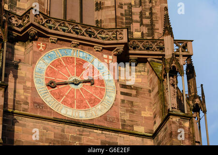 Clock Tower of the cathedral, Freiburg im Breisgau, Germany, Baden-Württemberg, Schwarzwald, Black Forest Foto Stock