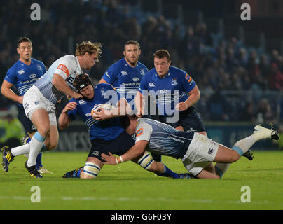 Tom Denton di Leinster Rugby è stato affrontato da Cardiff Blues Thomas Daviesi (a destra) e Kristian Dacey (a sinistra) durante la partita RaboDirect PRO12 alla RDS Arena di Dublino, Irlanda. Foto Stock