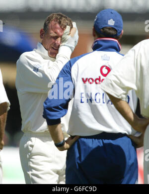 Il guardiano del wicket inglese Alec Stewart tiene il suo volto dopo essere stato colpito sul lato sinistro della sua testa da una palla da Ashley Giles il terzo giorno del secondo Npower Test contro il Sud Africa a Lord's. Foto Stock