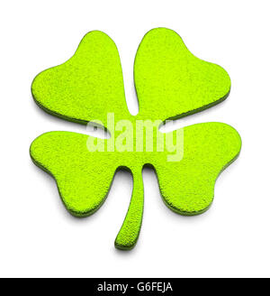 Metallo verde quattro Leaf Clover isolati su sfondo bianco. Foto Stock