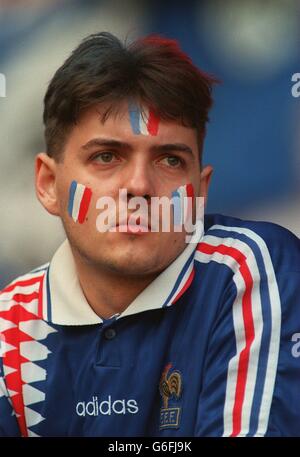 Calcio Euro 96. Romania / Francia, Newcastle. Ventilatore francese con faccia dipinta Foto Stock