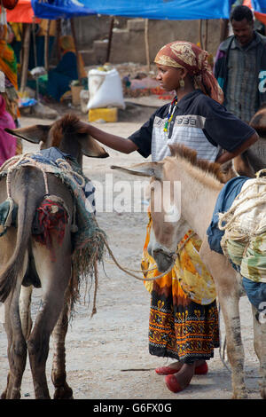 Donna Oromo con donkey al mercato nella città vecchia, Harar, Etiopia Foto Stock