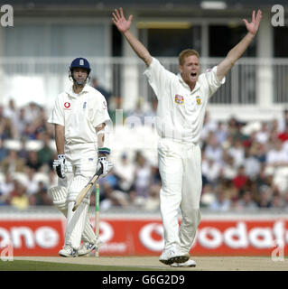 Shaun Pollock del Sud Africa festeggia il lancio del wicket di Martin Bicknell in Inghilterra durante il quinto test Npower all'Oval, Londra. L'Inghilterra ha bisogno di vincere la partita per salvare un pareggio nella serie di cinque test. Foto Stock