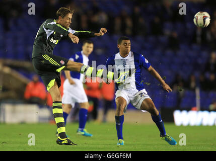 Calcio - Capital One Cup - Fourth Round - Birmingham City / Stoke City - St Andrews. Il Peter Crouch di Stoke City (a sinistra) libera la palla lontano dal Tom Adeyemi di Birmingham City Foto Stock