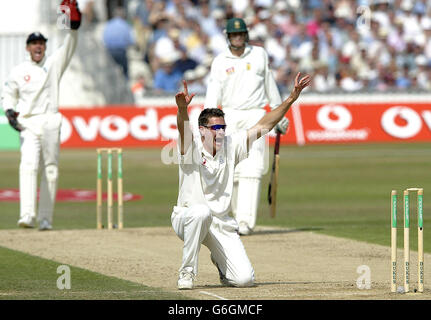 Ashley Giles in Inghilterra si appella per il cazzo del sudafricano Jacques Kallis, che è stato scappato dopo che il compagno di squadra Shaun Pollock ha colpito la palla sulla parotite durante il quinto teast npower all'Oval di Londra. Foto Stock