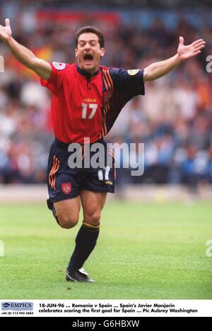 Javier Manjarin in Spagna festeggia il primo gol per la Spagna Foto Stock