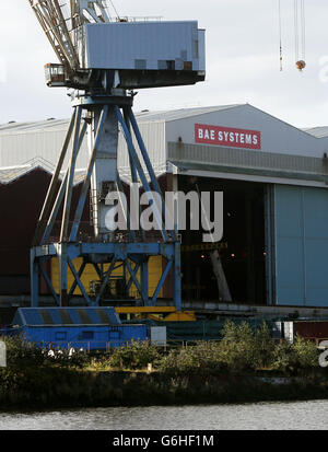 Una visione generale del cantiere navale BAE a Govan, Glasgow, in quanto il leader laburista ed Miliband ha rifiutato di offrire una garanzia di lavoro ai lavoratori dei cantieri navali sul Clyde se la Scozia decide di sostenere l'indipendenza. Foto Stock