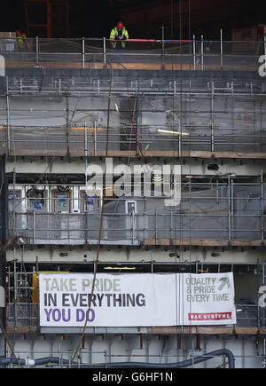 Una visione generale del cantiere navale BAE a Govan, Glasgow, in quanto il leader laburista ed Miliband ha rifiutato di offrire una garanzia di lavoro ai lavoratori dei cantieri navali sul Clyde se la Scozia decide di sostenere l'indipendenza. Foto Stock