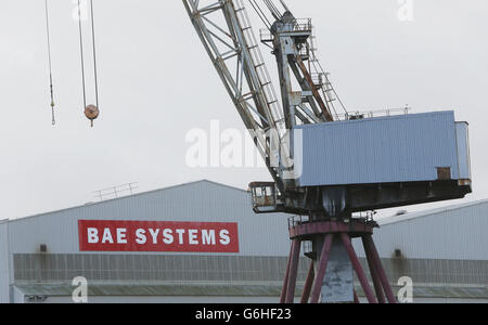 Una visione generale del cantiere navale BAE a Govan, Glasgow, in quanto il leader laburista ed Miliband ha rifiutato di offrire una garanzia di lavoro ai lavoratori dei cantieri navali sul Clyde se la Scozia decide di sostenere l'indipendenza. Foto Stock