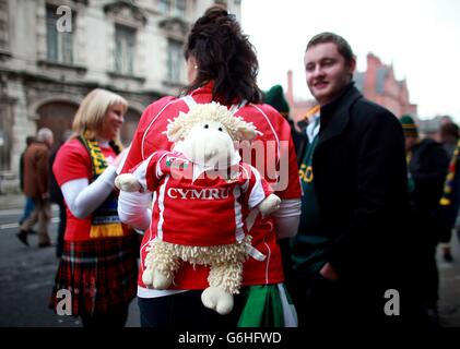 Rugby Union - dove Men Series - Galles / Sudafrica - Millennium Stadium. I tifosi del Galles fuori dal pub Queens Vaults prima della partita della dove Men Series tra il Galles e il Sud Africa al Millennium Stadium di Cardiff. Foto Stock