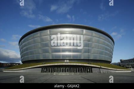 Vista generale della SSE Hydro di Glasgow, parte del Scottish Exhibition and Conference Centre Precinct, uno dei luoghi per i Giochi del Commonwealth di Glasgow 2014. Foto Stock