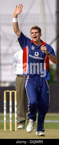 Il bowler inglese James Anderson festeggia la presa del wicket del Bangladesh Moni Ruzzman, allo stadio di Bangabandu a Dhaka durante la seconda partita di giorno/notte nella serie internazionale di un giorno contro il Bangladesh. Foto Stock