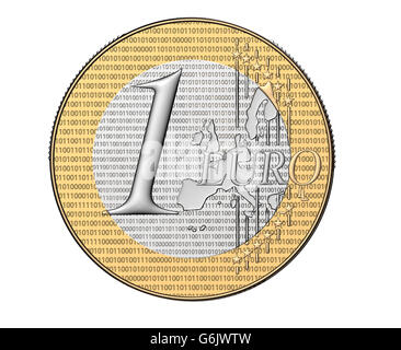 Digital euro moneta con codice binario isolato su bianco, 3d illustrazione Foto Stock