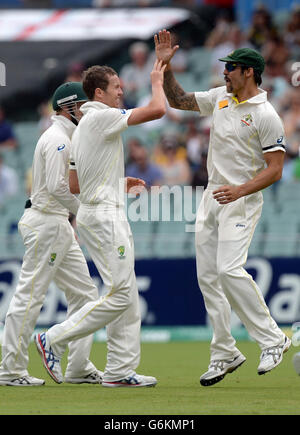 L'australiano Peter Siddle (a sinistra) festeggia con Mitchell Johnson (a destra) dopo che l'inglese Michael Carberry (non illustrato) è stato catturato da Nathan Lyon (non illustrato) durante il quarto giorno del secondo Test Match all'Adelaide Oval, Adelaide, Australia. Foto Stock