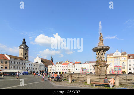 Marketplace con Sansone Fontana e Torre Nera, Ceske Budejovice (Budweis), Repubblica Ceca, Jihocesky, Südböhmen, Sud Bohemi Foto Stock