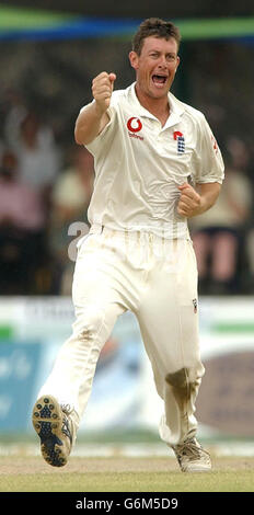 Ashley Giles in Inghilterra festeggia il lancio del wicket di Thilan Samaraweera nello Sri Lanka, al Galle International Stadium il terzo giorno del primo test nella loro serie di tre partite. Foto Stock