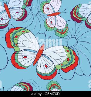 Modello senza cuciture con farfalle e fiori Illustrazione Vettoriale