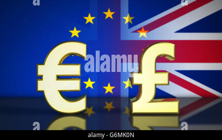 Brexit British referendum concetto finanziario con UE e Regno Unito bandiera e simbolo di denaro 3D'illustrazione. Foto Stock