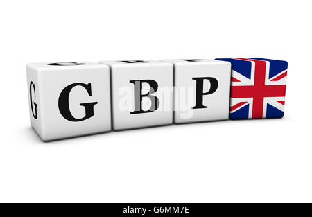 British pound cambio valuta del mercato finanziario e di concetto con codice di GBP segno e bandiera del Regno Unito su cubetti isolati su bianco. Foto Stock